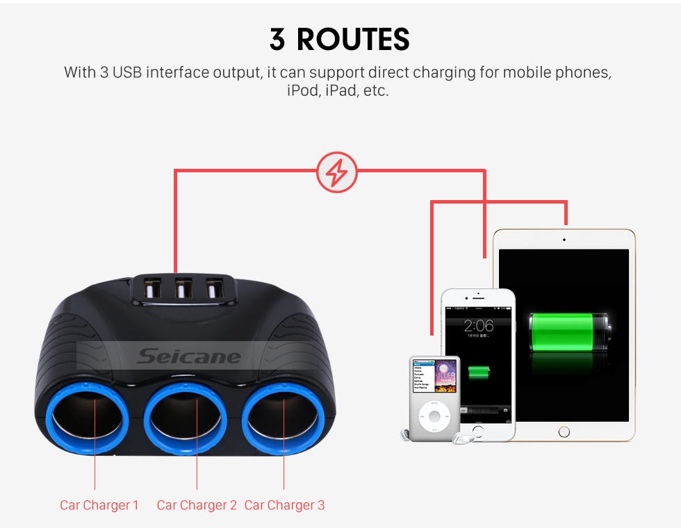 Seicane 3 USB Ports Routes 5V 3.1A High Power 120W Cigarette Lighter Socket Splitter Hub Charger Adapter for IPAD Phone GPS DVR MP3 Seicane 3 USB Ports Routes 5V 3.1A High Power 120W Cigarette Lighter Socket Splitter Hub Charger Adapter for IPAD Phone GPS DVR MP3