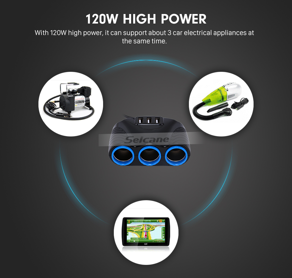 Seicane 3 USB Ports Routes 5V 3.1A High Power 120W Cigarette Lighter Socket Splitter Hub Charger Adapter for IPAD Phone GPS DVR MP3 Seicane 3 USB Ports Routes 5V 3.1A High Power 120W Cigarette Lighter Socket Splitter Hub Charger Adapter for IPAD Phone GPS DVR MP3
