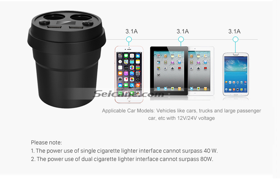 Seicane Dual USB Ports Cylindrical Car Charger with Dual Cigarette Lighter Interface High-definition Digital Display Seicane Dual USB Ports Cylindrical Car Charger with Dual Cigarette Lighter Interface High-definition Digital Display