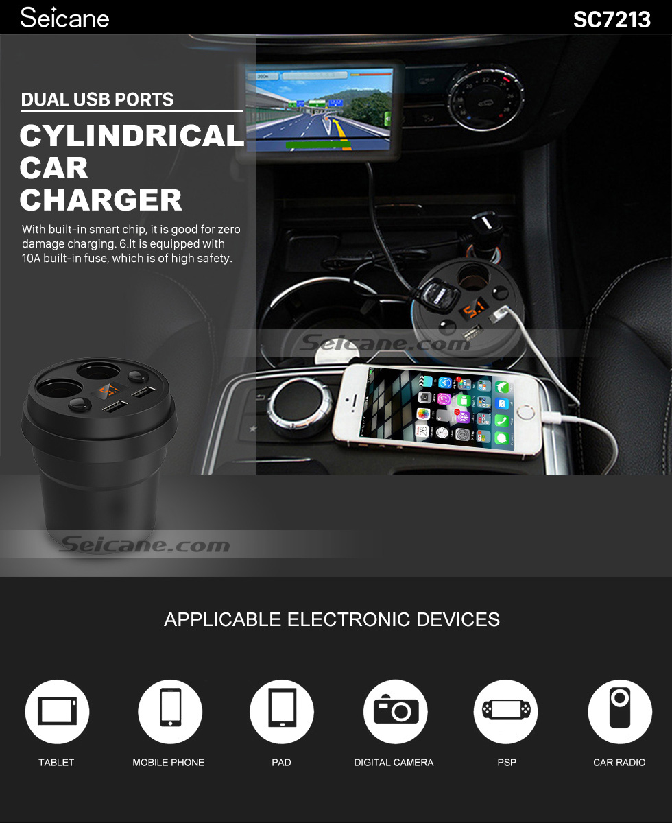 Seicane Dual USB Ports Cylindrical Car Charger with Dual Cigarette Lighter Interface High-definition Digital Display Seicane Dual USB Ports Cylindrical Car Charger with Dual Cigarette Lighter Interface High-definition Digital Display