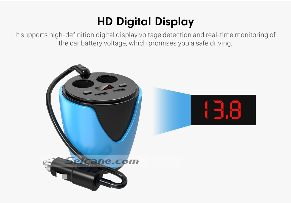 Seicane Multi-Function Dual Cigarette Lighter Cup-type Car Charger with Dual USB Ports HD Digital Display Overcharging Protection Seicane Multi-Function Dual Cigarette Lighter Cup-type Car Charger with Dual USB Ports HD Digital Display Overcharging Protection