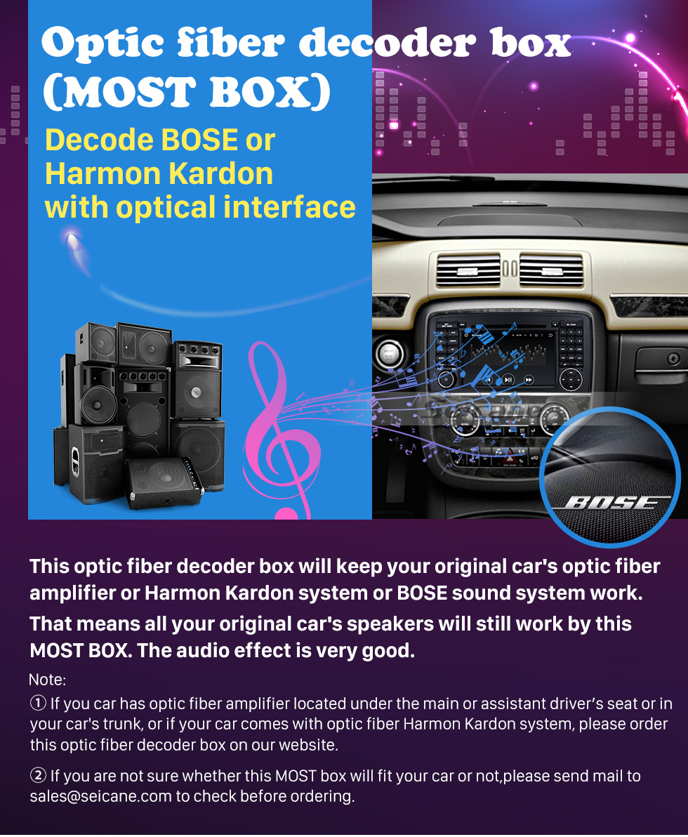 Seicane 2003-2012 Porsche Cayenne Decodificador de fibra óptica para automóvil Most Box Bose Harmon Kardon Amplificador de audio digital Convertidor de interfaz óptica