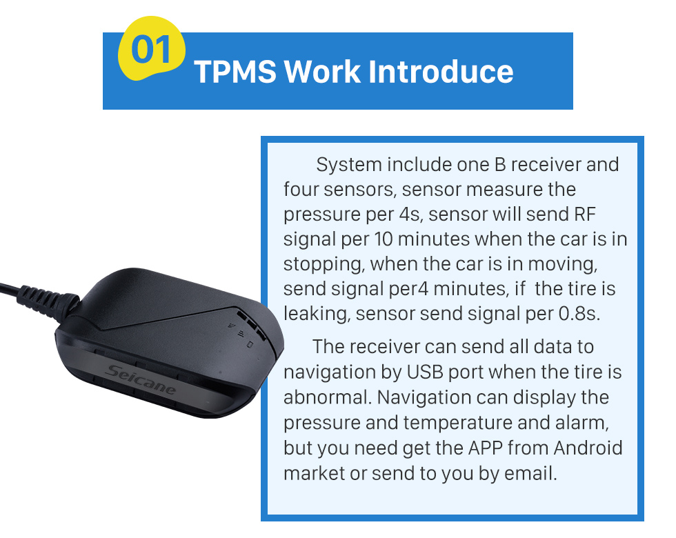 Seicane Sistema de control de presión de neumáticos de radio Android TPMS USB portátil para coche con 4 sensores internos para alarma automática del mercado de accesorios