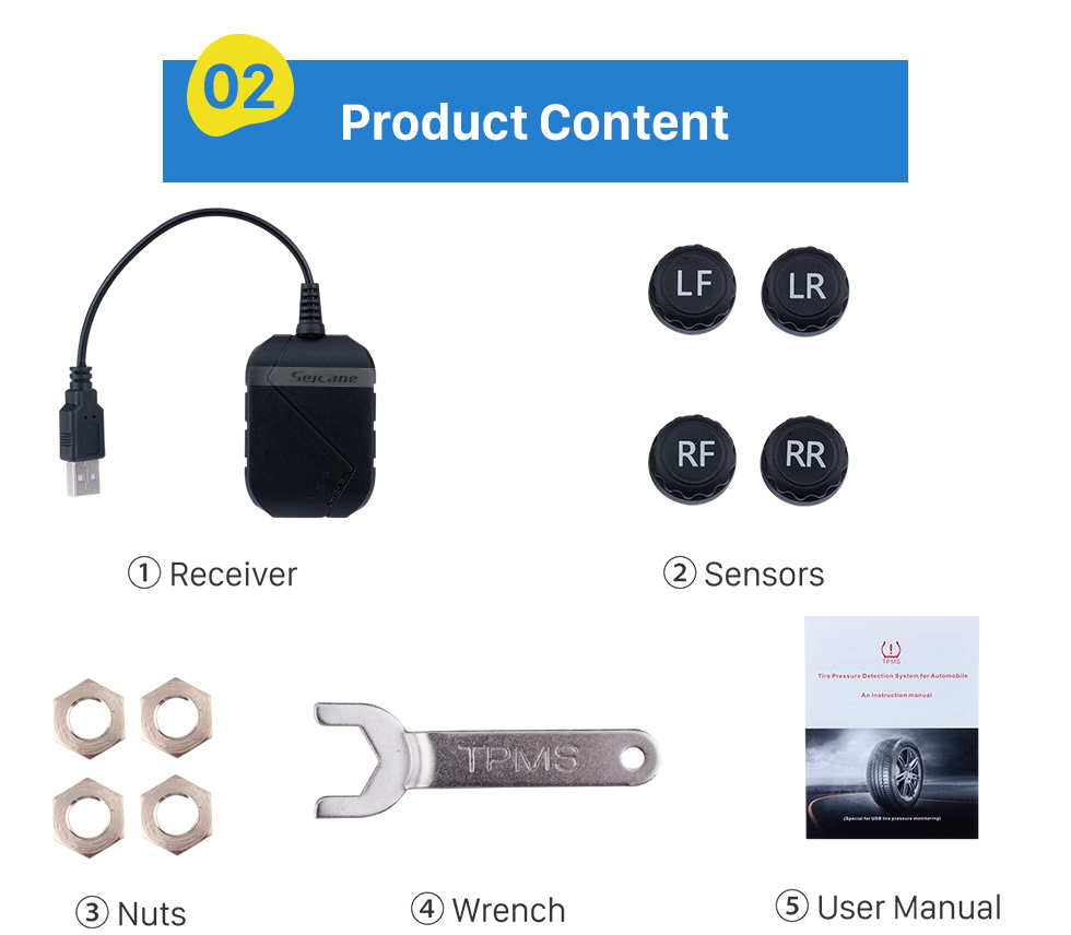 Seicane Android-радио система контроля давления в шинах Портативный автомобильный USB TPMS с 4 внутренними датчиками для вторичной автосигнализации