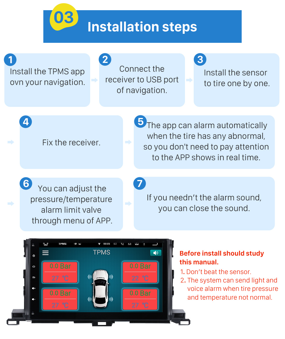 Seicane Rádio Android Sistema de monitoramento de pressão de pneu para carro portátil USB TPMS com 4 sensores internos para alarme automotivo de reposição