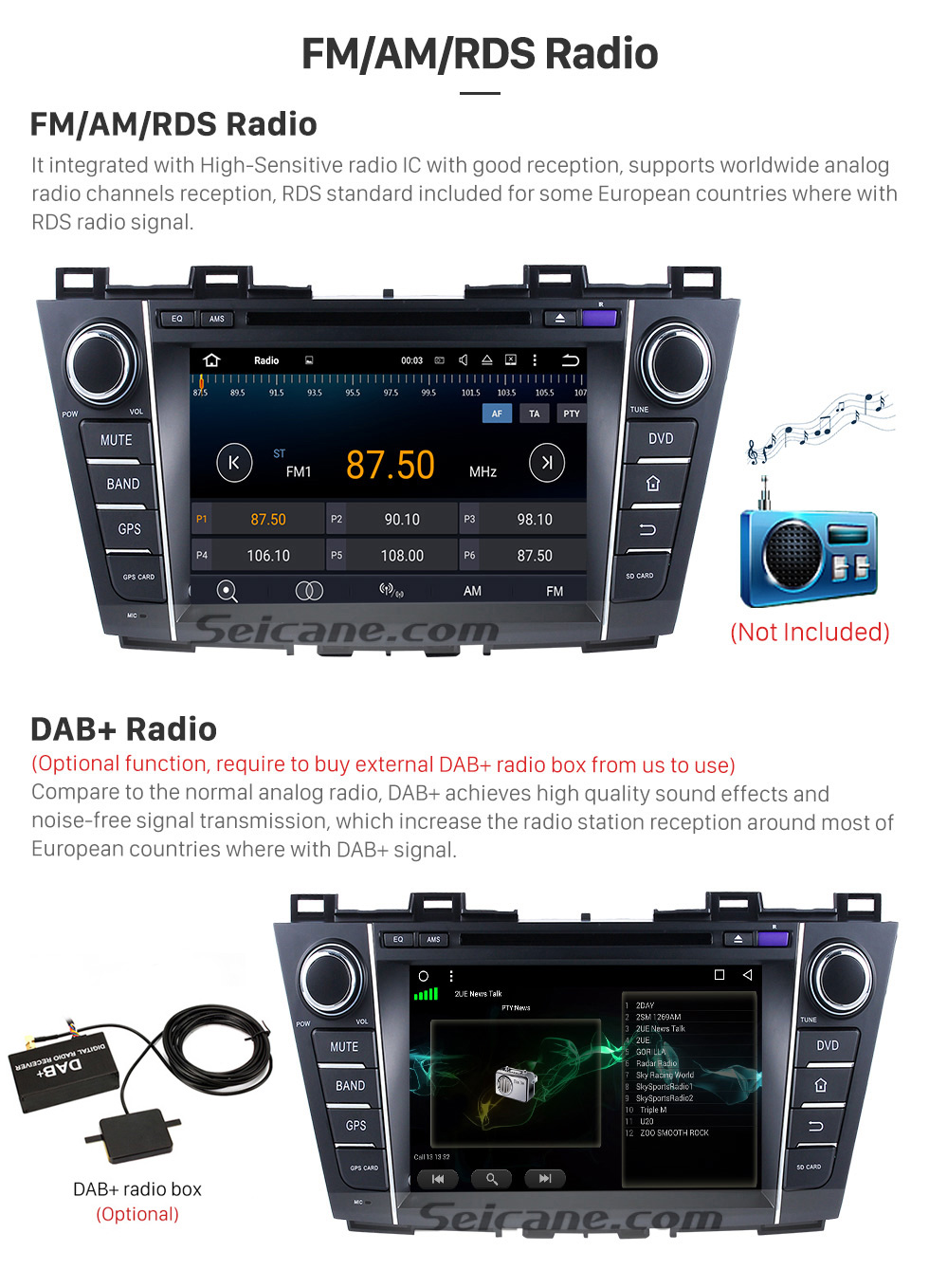 Seicane 2009-2012 Mazda PREMACY Android 7.1.1 DVD player Radio GPS navigation system Quad-core CPU 16G Flash Mirror link multi-touch screen OBD DVR Backup camera TV 3G WIFI USB SD Bluetooth Seicane 2009-2012 Mazda PREMACY Android 7.1.1 DVD player Radio GPS navigation system Quad-core CPU 16G Flash Mirror link multi-touch screen OBD DVR Backup camera TV 3G WIFI USB SD Bluetooth