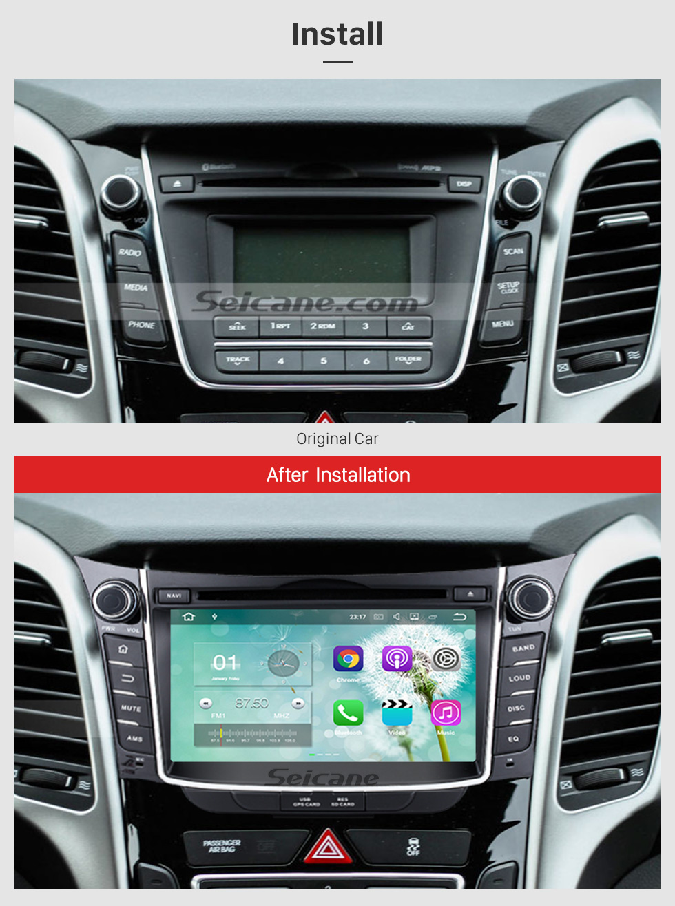 Seicane 2011 2012 2013 Hyundai I30 Android 5.1.1 Radio GPS navigation system with Bluetooth DVD Player HD 1024*600 touch screen OBD2 DVR Rearview camera TV 1080P Video 3G WIFI Steering Wheel Control USB SD Quad-core CPU Mirror link Seicane 2011 2012 2013 Hyundai I30 Android 5.1.1 Radio GPS navigation system with Bluetooth DVD Player HD 1024*600 touch screen OBD2 DVR Rearview camera TV 1080P Video 3G WIFI Steering Wheel Control USB SD Quad-core CPU Mirror link