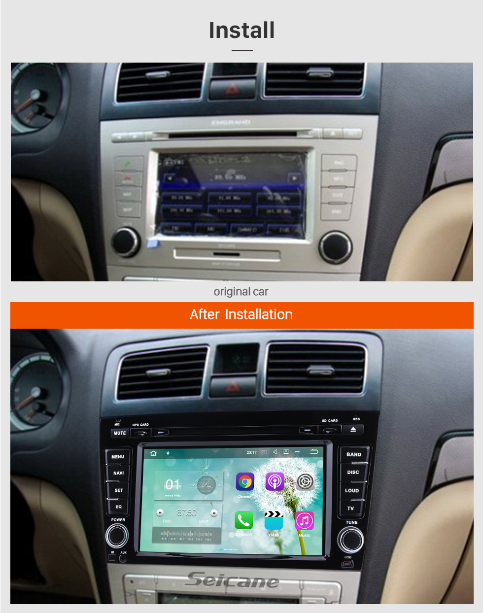 Seicane 2012 2013 2014 Geely Emgrand EC8 Android 7.1 Radio GPS DVD player navigation system HD 1024*600 touch screen Bluetooth OBD2 DVR Rearview camera TV 1080P Video 3G WIFI Mirror link Steering Wheel Control USB SD Quad-core CPU Seicane 2012 2013 2014 Geely Emgrand EC8 Android 7.1 Radio GPS DVD player navigation system HD 1024*600 touch screen Bluetooth OBD2 DVR Rearview camera TV 1080P Video 3G WIFI Mirror link Steering Wheel Control USB SD Quad-core CPU
