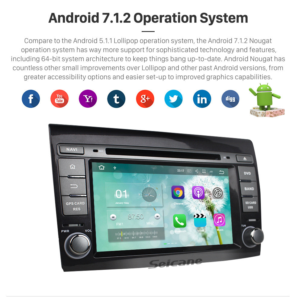 Seicane OEM leitor de DVD Android 7.1 Sistema de Navegação para 2007-2012 FIAT BRAVO com GPS Quatro núcleos CPU LinkMirror Rádio HD 1024*600 Ecrã Tátil OBD2 DVR Retrovisor Câmera TV 1080P Vídeo 3G WIFI Controle de volante Bluetooth USB SD Seicane OEM leitor de DVD Android 7.1 Sistema de Navegação para 2007-2012 FIAT BRAVO com GPS Quatro núcleos CPU LinkMirror Rádio HD 1024*600 Ecrã Tátil OBD2 DVR Retrovisor Câmera TV 1080P Vídeo 3G WIFI Controle de volante Bluetooth USB SD