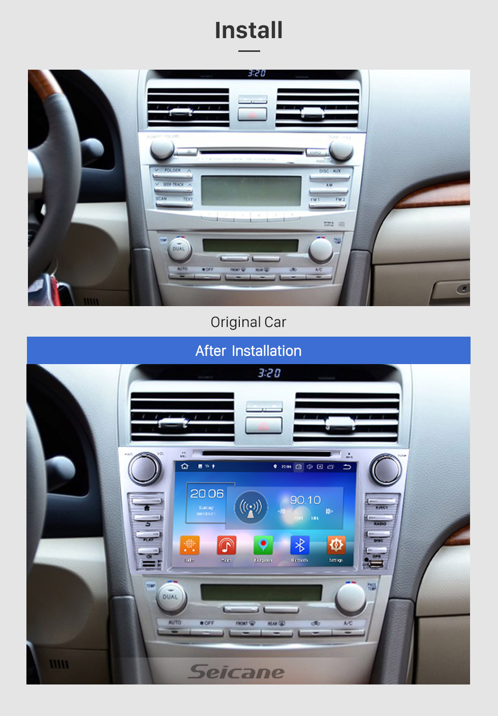 Seicane 8 inch 2007-2011 Toyota CAMRY Android 8.0 Radio Bluetooth GPS DVD player navigation system HD 1024*600 touch screen OBD2 DVR Rearview camera TV 1080P Video USB SD 3G WIFI Steering Wheel Control Mirror link Seicane 8 inch 2007-2011 Toyota CAMRY Android 8.0 Radio Bluetooth GPS DVD player navigation system HD 1024*600 touch screen OBD2 DVR Rearview camera TV 1080P Video USB SD 3G WIFI Steering Wheel Control Mirror link