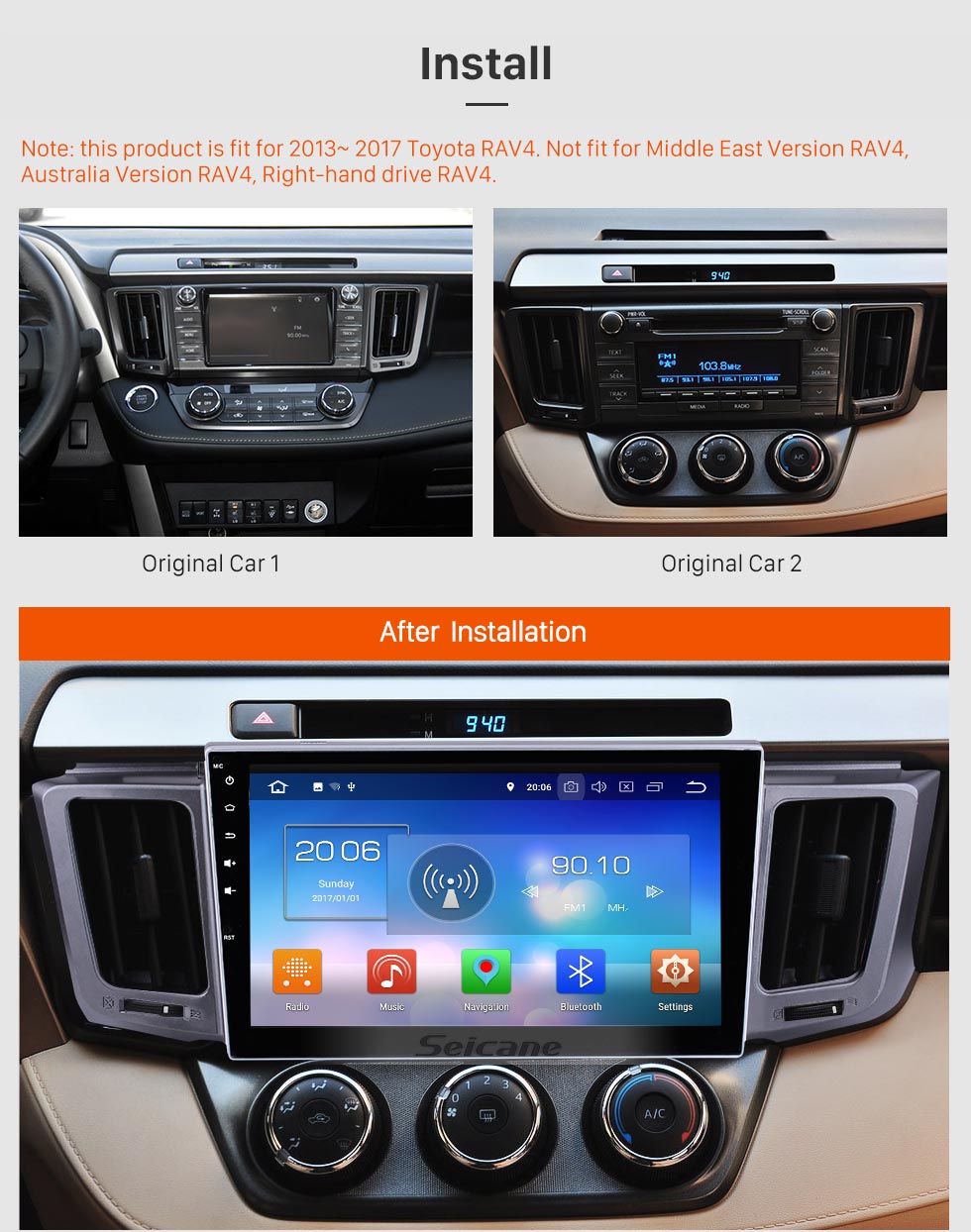 Seicane Android 8.0 Radio GPS Navigation DVD Player Stereo for 2013-2016 Toyota RAV4 Bluetooth Music USB SD WIFI Audio system Support Backup Camera DVR OBD2 1080P Auto A/V Seicane Android 8.0 Radio GPS Navigation DVD Player Stereo for 2013-2016 Toyota RAV4 Bluetooth Music USB SD WIFI Audio system Support Backup Camera DVR OBD2 1080P Auto A/V
