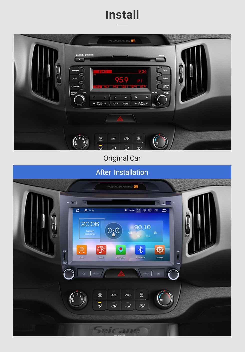 Seicane 2010-2013 KIA SPORTAGE Android 8.0 Aftermarket Radio GPS DVD player navigation system HD 1024*600 touch screen Bluetooth Music OBD2 DVR Rearview camera TV 1080P Video USB SD 4G WIFI Steering Wheel Control Mirror link Seicane 2010-2013 KIA SPORTAGE Android 8.0 Aftermarket Radio GPS DVD player navigation system HD 1024*600 touch screen Bluetooth Music OBD2 DVR Rearview camera TV 1080P Video USB SD 4G WIFI Steering Wheel Control Mirror link