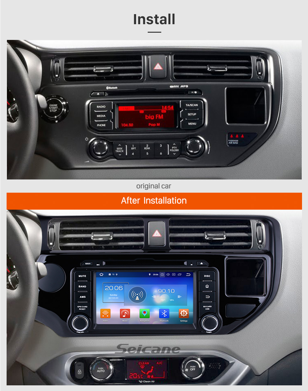 Seicane OEM Android 8.0 GPS navigation system for 2011 2012 KIA RIO with HD 1024*600 touch screen Radio Bluetooth DVD Player OBD2 DVR Rearview camera TV 1080P Video USB SD 3G WIFI Steering Wheel Control Mirror link Seicane OEM Android 8.0 GPS navigation system for 2011 2012 KIA RIO with HD 1024*600 touch screen Radio Bluetooth DVD Player OBD2 DVR Rearview camera TV 1080P Video USB SD 3G WIFI Steering Wheel Control Mirror link