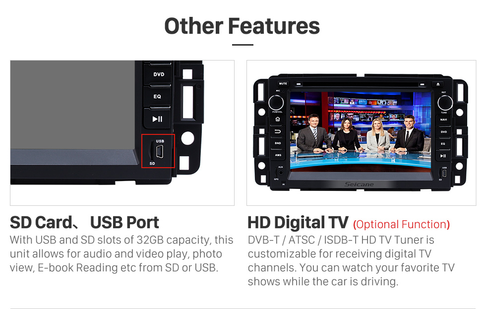 Seicane 2007-2012 GMC Tahoe Android 8.0 GPS navigation system DVD player Bluetooth Radio HD 1024*600 touch screen OBD2 DVR Rearview camera TV 1080P Video 4G WIFI Steering Wheel Control USB Mirror link Seicane 2007-2012 GMC Tahoe Android 8.0 GPS navigation system DVD player Bluetooth Radio HD 1024*600 touch screen OBD2 DVR Rearview camera TV 1080P Video 4G WIFI Steering Wheel Control USB Mirror link