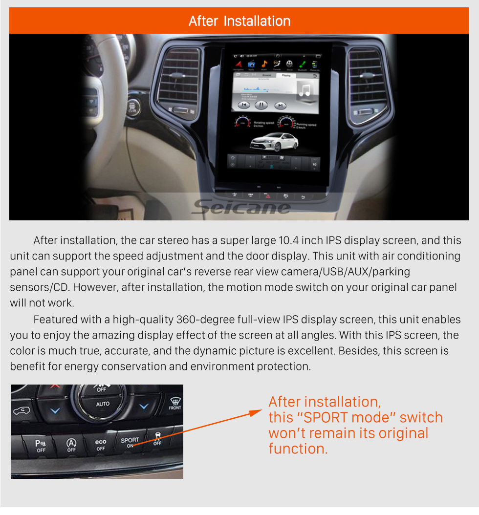 Seicane 10.4 inch HD Touch Screen Android 6.0 2012 2013 Jeep Grand Cherokee GPS Navigation Radio with Bluetooth WIFI Support Backup Camera Digital TV Seicane 10.4 inch HD Touch Screen Android 6.0 2012 2013 Jeep Grand Cherokee GPS Navigation Radio with Bluetooth WIFI Support Backup Camera Digital TV