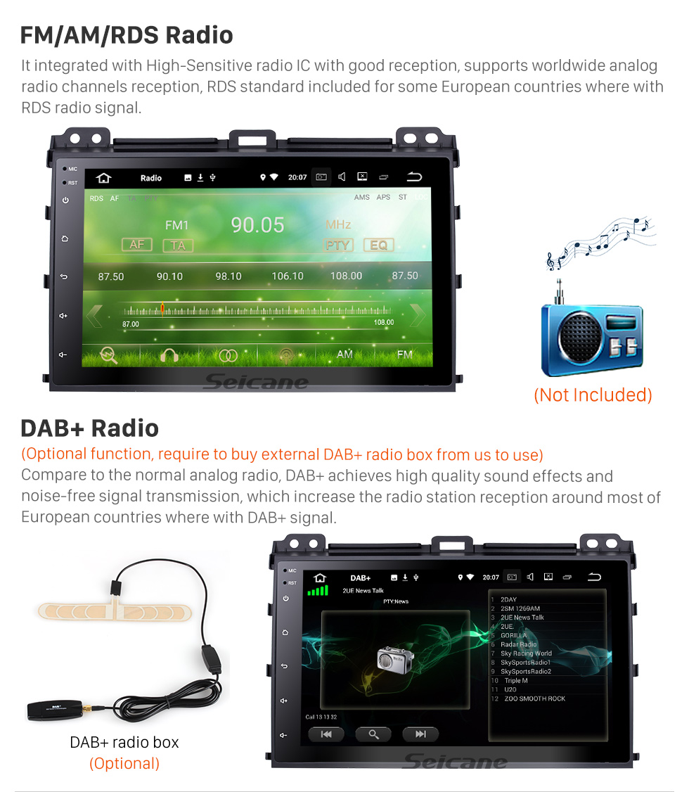 Seicane 9-дюймовый Android 9.0 на 2002-2009 гг. Toyota Prado Radio GPS навигационная система с Bluetooth HD с сенсорным экраном Поддержка USB Камера заднего вида 1080P Seicane 9-дюймовый Android 9.0 на 2002-2009 гг. Toyota Prado Radio GPS навигационная система с Bluetooth HD с сенсорным экраном Поддержка USB Камера заднего вида 1080P
