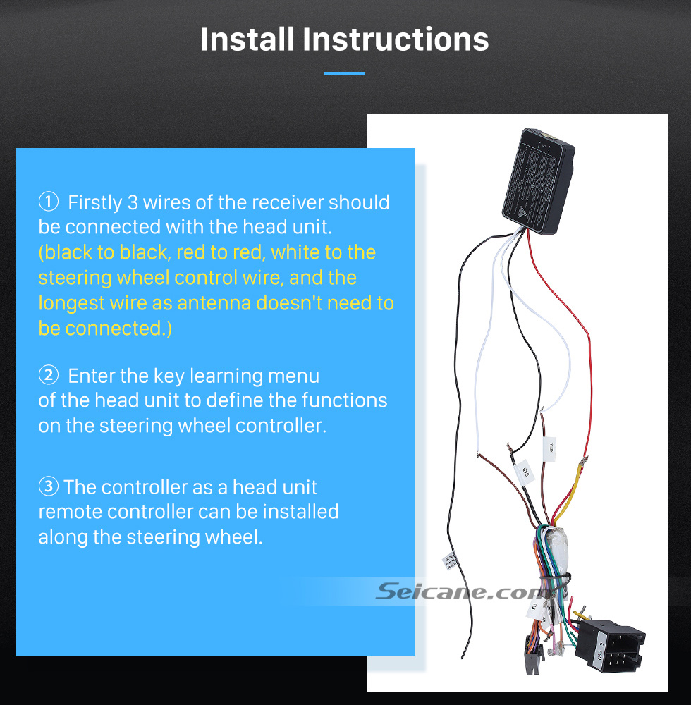 Install Instructions Seicane Black Car Universal Wireless multifunctional Steering Wheel Controller for GPS Audio CD DVD Radio Install Instructions Seicane Black Car Universal Wireless multifunctional Steering Wheel Controller for GPS Audio CD DVD Radio
