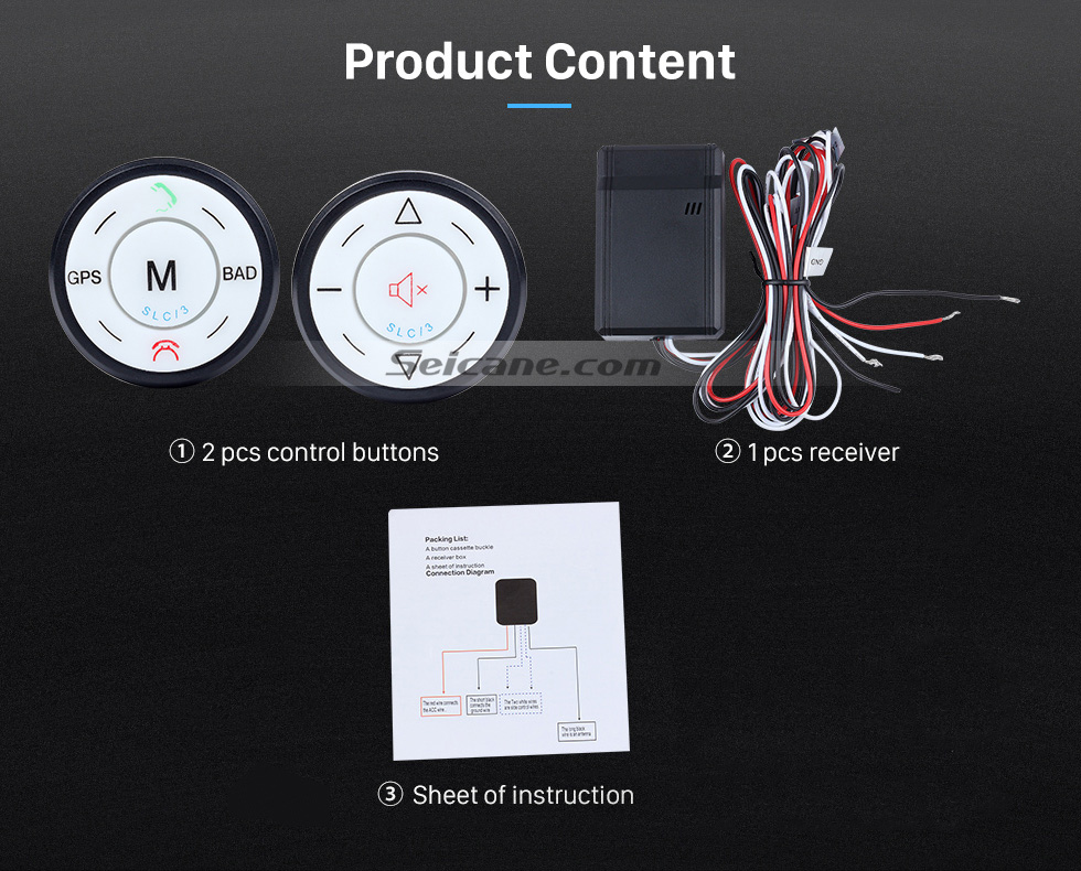 Product Content Seicane Black Car Universal Wireless multifunctional Steering Wheel Controller for GPS Audio CD DVD Radio Product Content Seicane Black Car Universal Wireless multifunctional Steering Wheel Controller for GPS Audio CD DVD Radio