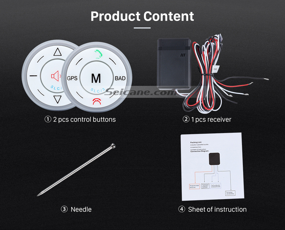 Product Content Seicane Silver Car Universal Wireless multifunctional Steering Wheel Controller for GPS Audio CD DVD Radio Product Content Seicane Silver Car Universal Wireless multifunctional Steering Wheel Controller for GPS Audio CD DVD Radio