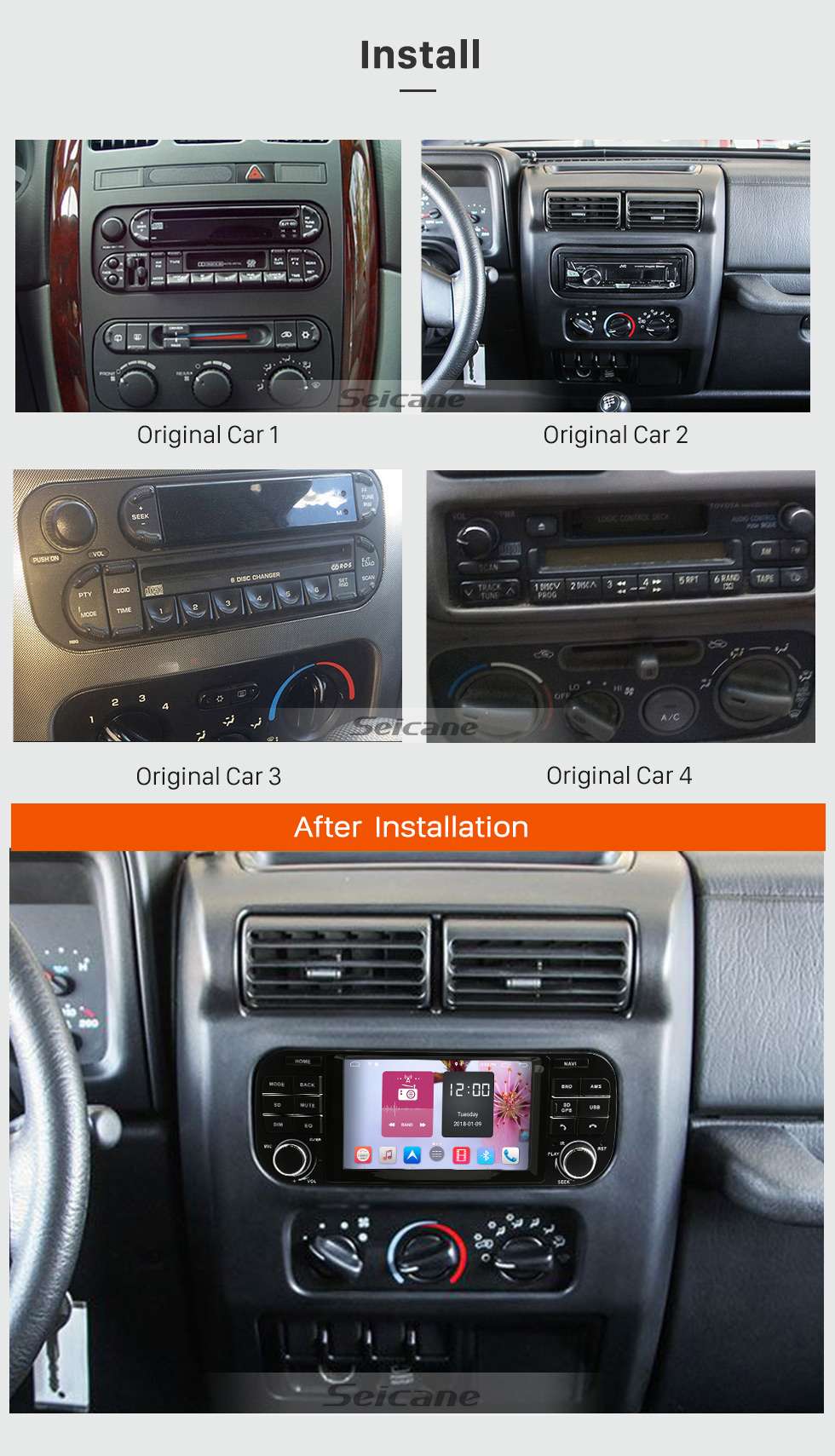 Seicane Radio con pantalla táctil Android 12.0 HD de 5 pulgadas para Jeep Wrangler 2003-2006 con sistema de navegación GPS DVR WIFI OBD2 Bluetooth Control del volante Enlace espejo 1080P TV USB