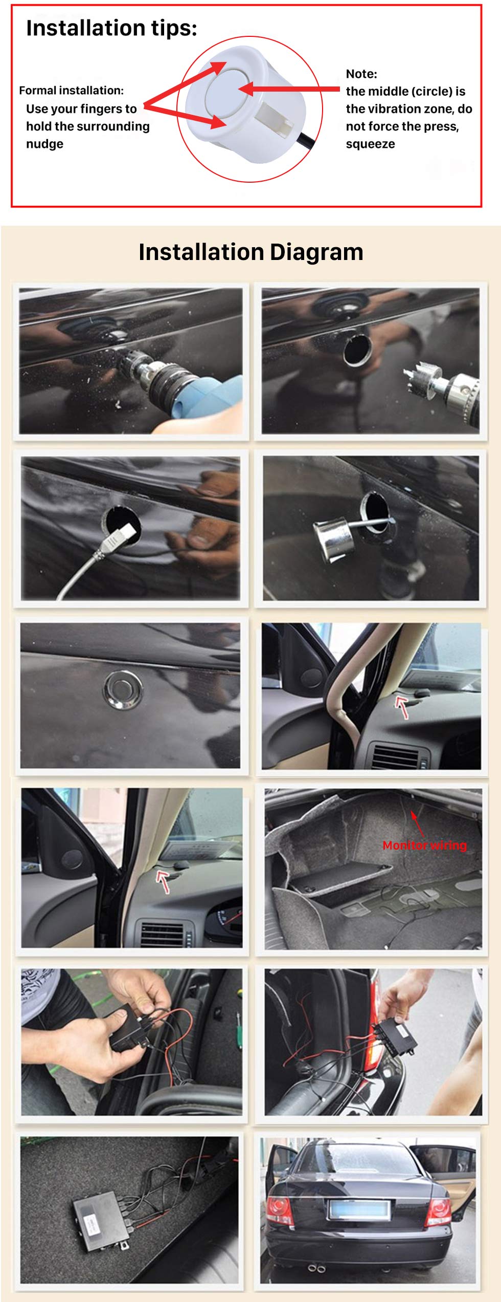 Installation tips Auto Car Universal Parking Assistance System Reverse Sensor with 8 Parking Sensor Visual LED Monitor Reversing Radar Installation tips Auto Car Universal Parking Assistance System Reverse Sensor with 8 Parking Sensor Visual LED Monitor Reversing Radar