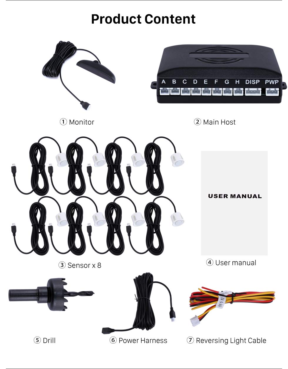 Product Content Auto Car Universal Parking Assistance System Reverse Sensor with 8 Parking Sensor Visual LED Monitor Reversing Radar Product Content Auto Car Universal Parking Assistance System Reverse Sensor with 8 Parking Sensor Visual LED Monitor Reversing Radar