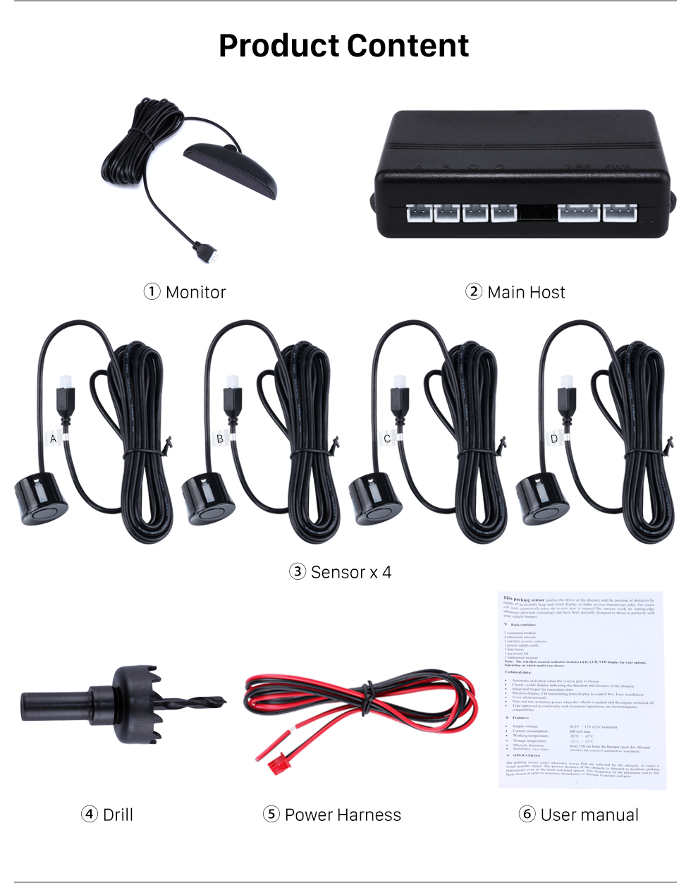 Product Content Car Universal Parking Assistance System Reverse Sensor with Visual LED Monitor 4 Parking Sensor Reversing System Product Content Car Universal Parking Assistance System Reverse Sensor with Visual LED Monitor 4 Parking Sensor Reversing System