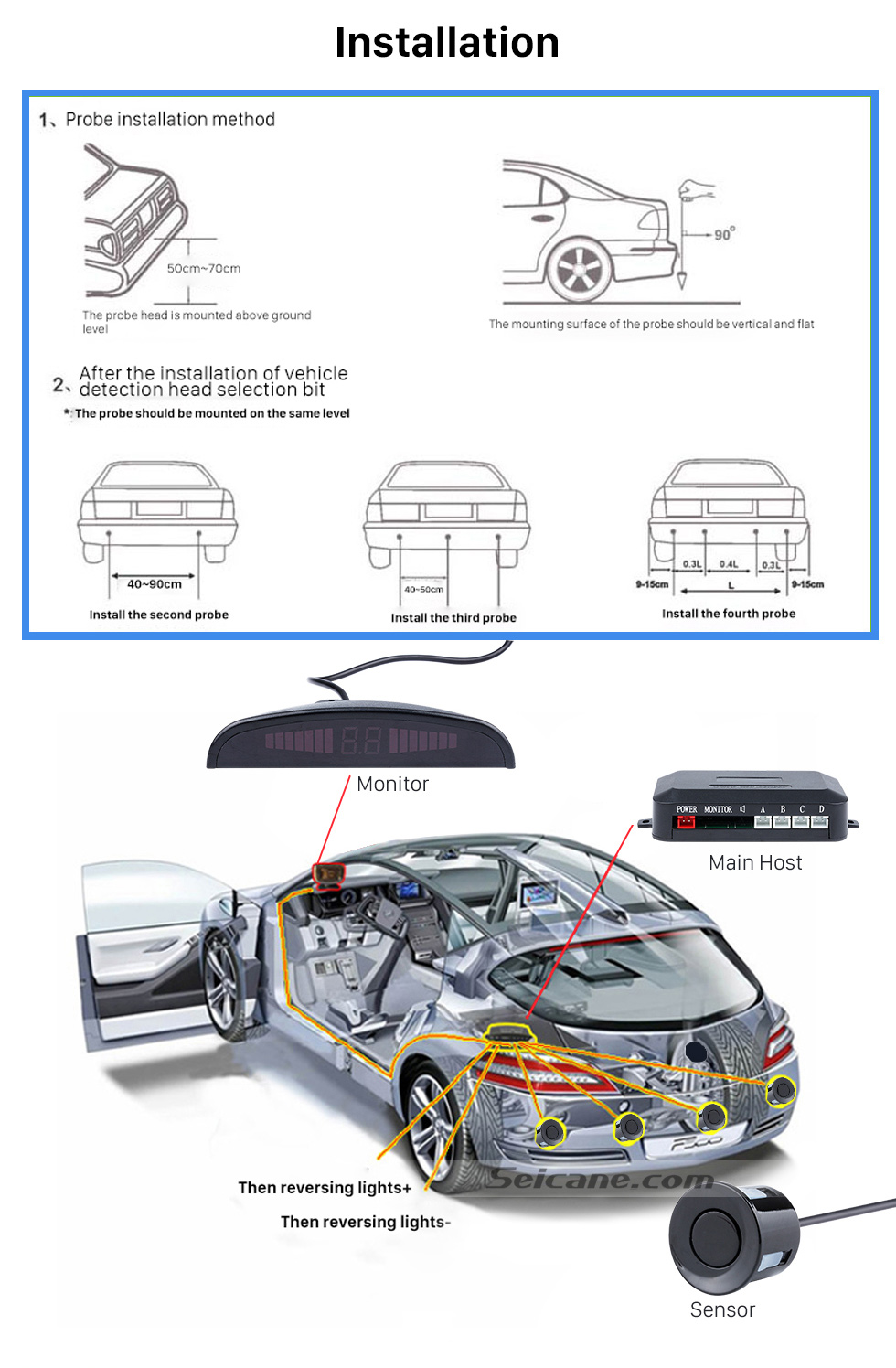 Seicane Sistema de radar de alarme reverso do sensor de assistência do carro sem fio do carro com 4 sensores de rader Monitor de tela LED Seicane Sistema de radar de alarme reverso do sensor de assistência do carro sem fio do carro com 4 sensores de rader Monitor de tela LED
