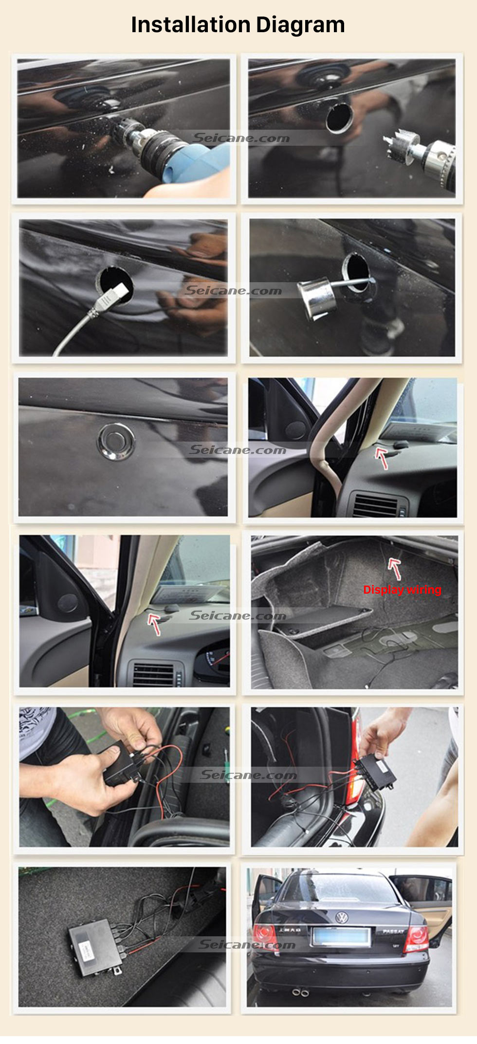 Installation Diagram Seicane Wireless LED Display Parking Sensor Sensors Auto Car Reverse Assistance Backup Radar Monitor System rader + 4 Installation Diagram Seicane Wireless LED Display Parking Sensor Sensors Auto Car Reverse Assistance Backup Radar Monitor System rader + 4