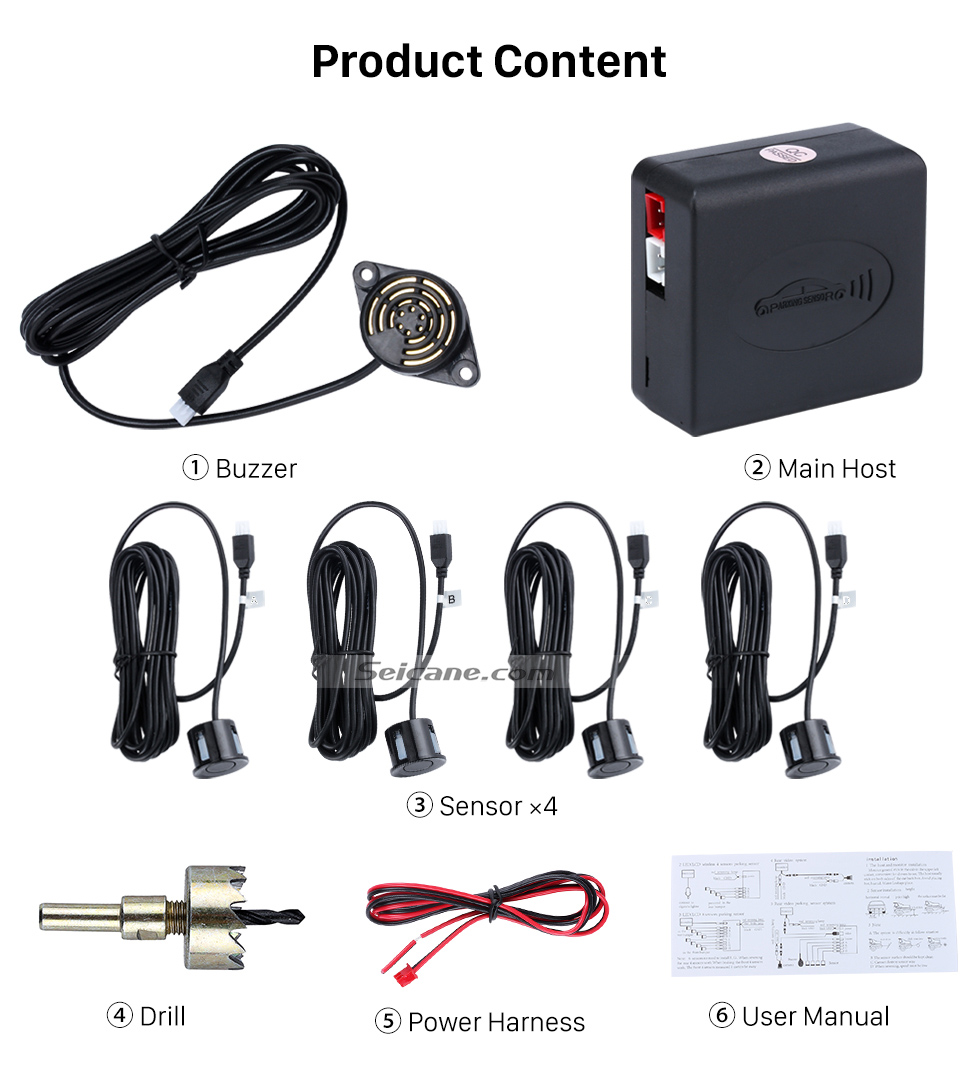 Product Content Seicane Wireless LED Display Parking Sensor Sensors Auto Car Reverse Assistance Backup Radar Monitor System rader + 4 Product Content Seicane Wireless LED Display Parking Sensor Sensors Auto Car Reverse Assistance Backup Radar Monitor System rader + 4
