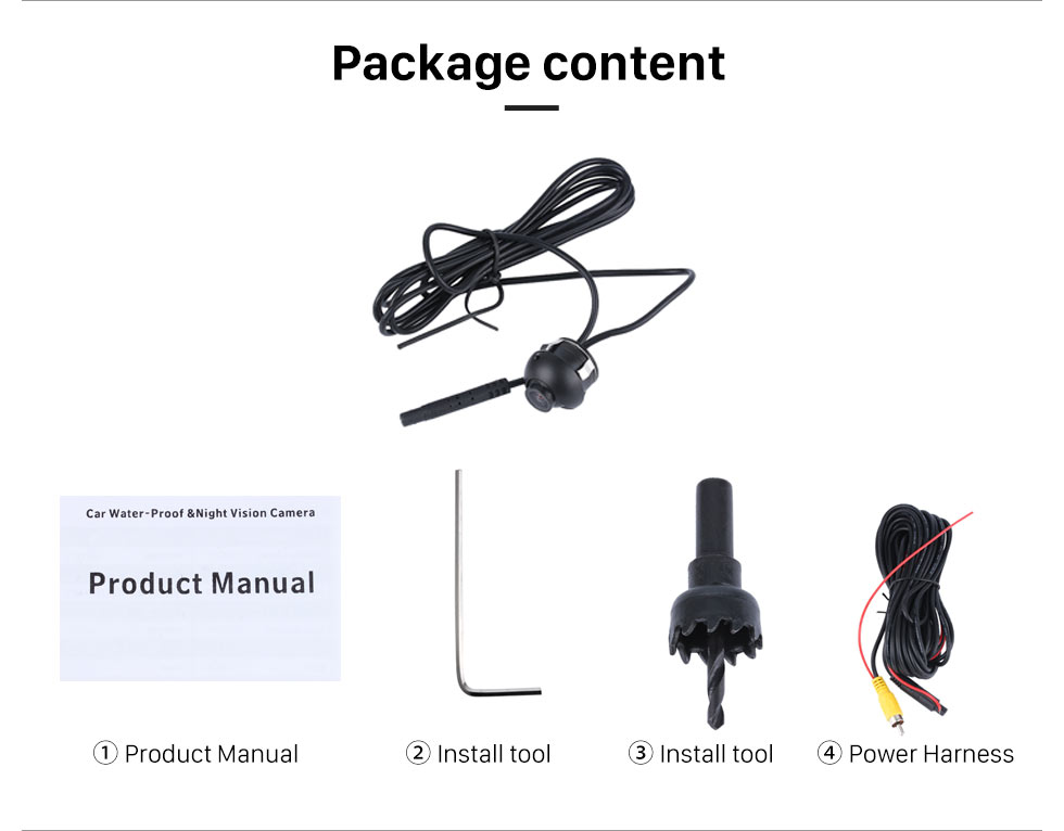 Package content Wide Angle Vision 170 Degree Large Lens Waterproof RearView Camera with Night Vision 360 Degree No-dead Rotation Backup Camera Package content Wide Angle Vision 170 Degree Large Lens Waterproof RearView Camera with Night Vision 360 Degree No-dead Rotation Backup Camera