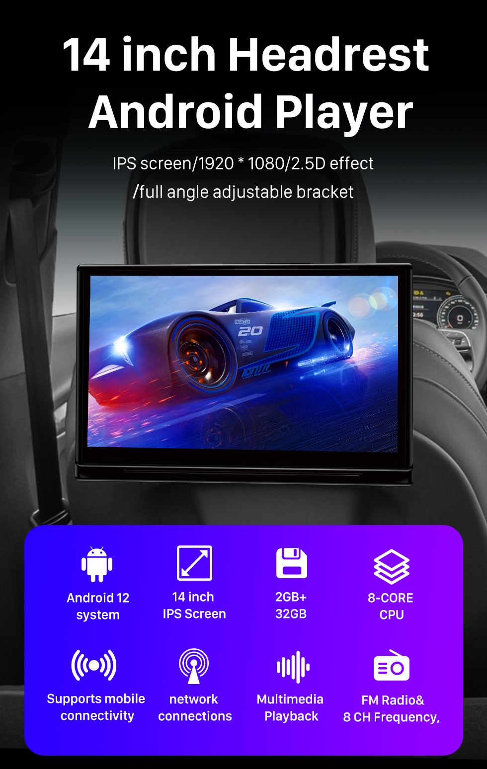 Seicane Android 12.0 Nova tela IPS de 14 polegadas HD Full touch 1920 * 1080 Encosto de cabeça de alta definição Ajuste multi-ângulo Transmissor TF Transmissor FM 2.1A Carregamento USB