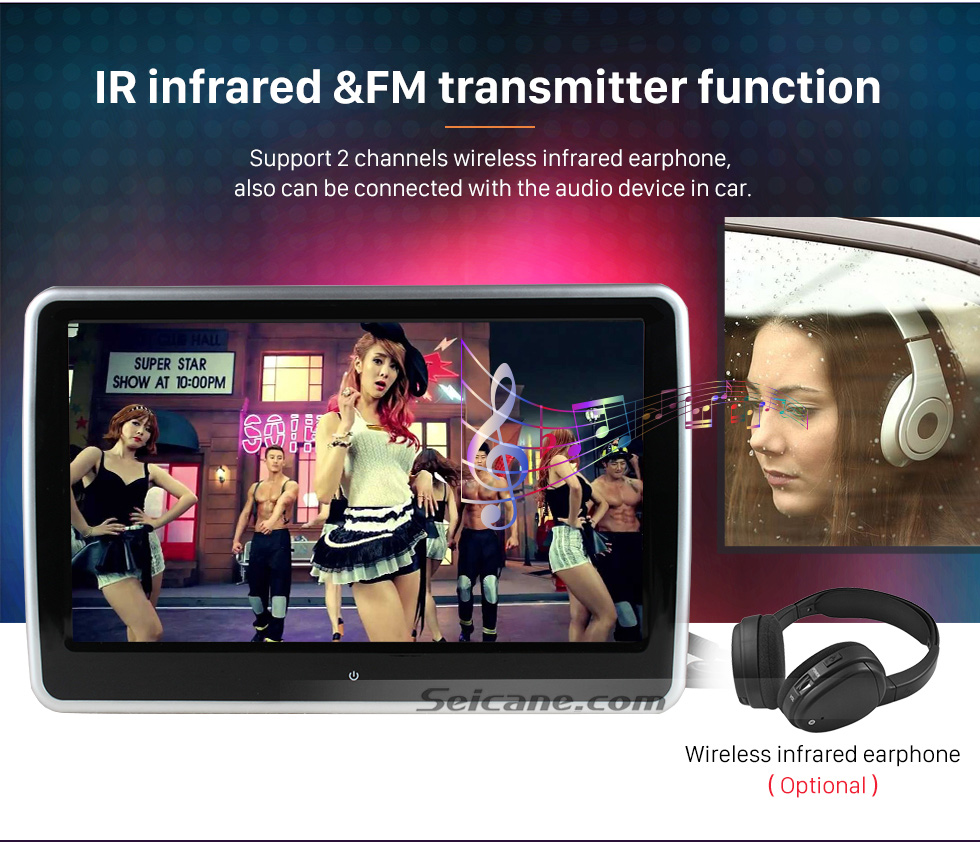IR infrared &FM transmitter function Ultra-thin HD 1024 * 600 high definition 10.1" touch screen headrest MP5 Player Free Tilt FM Transmitter IR Transmitter 32 Bit Games USB SD Audio/Video Input & Output (1 pair) IR infrared &FM transmitter function Ultra-thin HD 1024 * 600 high definition 10.1" touch screen headrest MP5 Player Free Tilt FM Transmitter IR Transmitter 32 Bit Games USB SD Audio/Video Input & Output (1 pair)