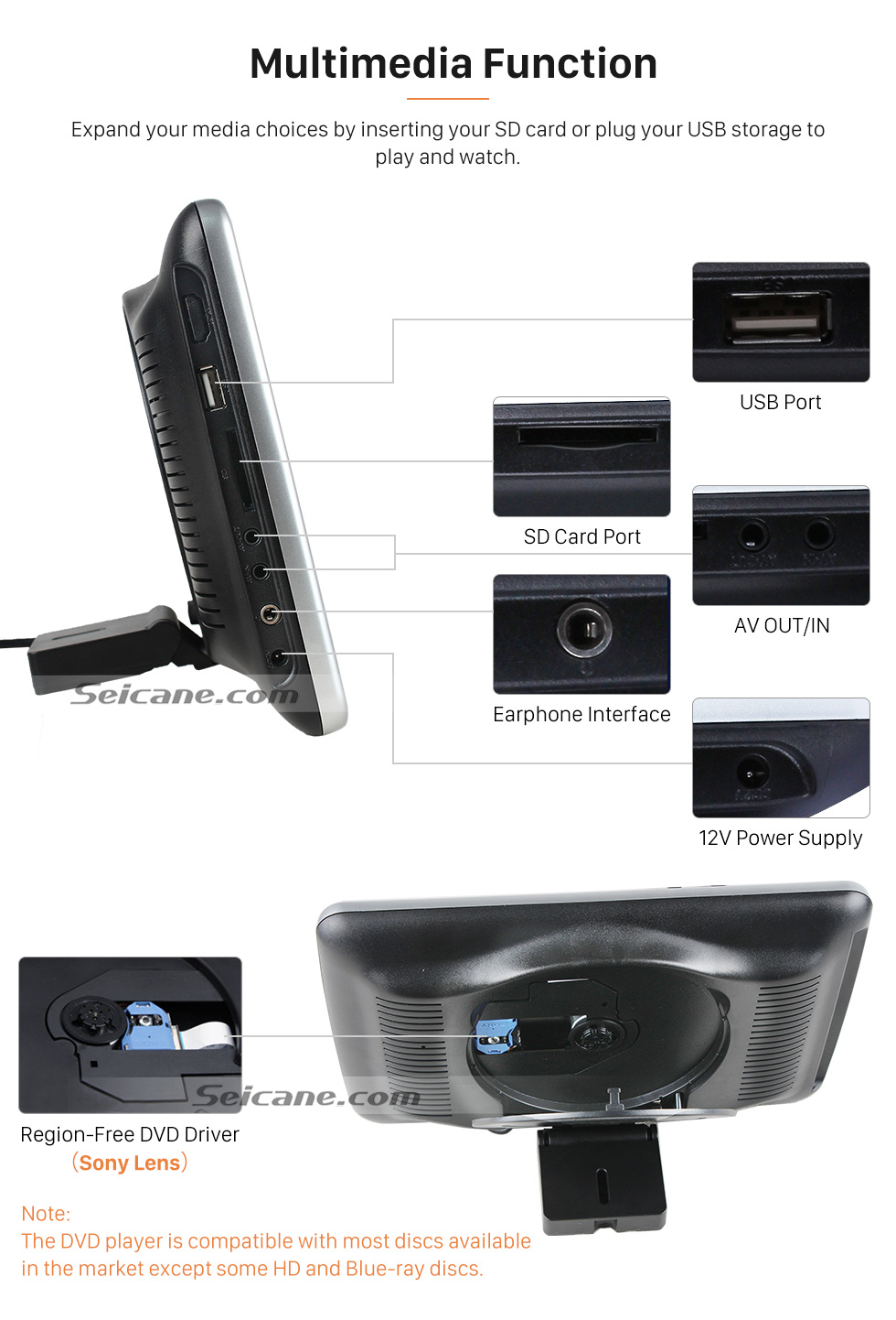 Multiple Function Ultra-thin HD 1024 * 600 high definition 10.1" touch screen headrest MP5 Player Free Tilt FM Transmitter IR Transmitter 32 Bit Games USB SD Audio/Video Input & Output (1 pair) Multiple Function Ultra-thin HD 1024 * 600 high definition 10.1" touch screen headrest MP5 Player Free Tilt FM Transmitter IR Transmitter 32 Bit Games USB SD Audio/Video Input & Output (1 pair)