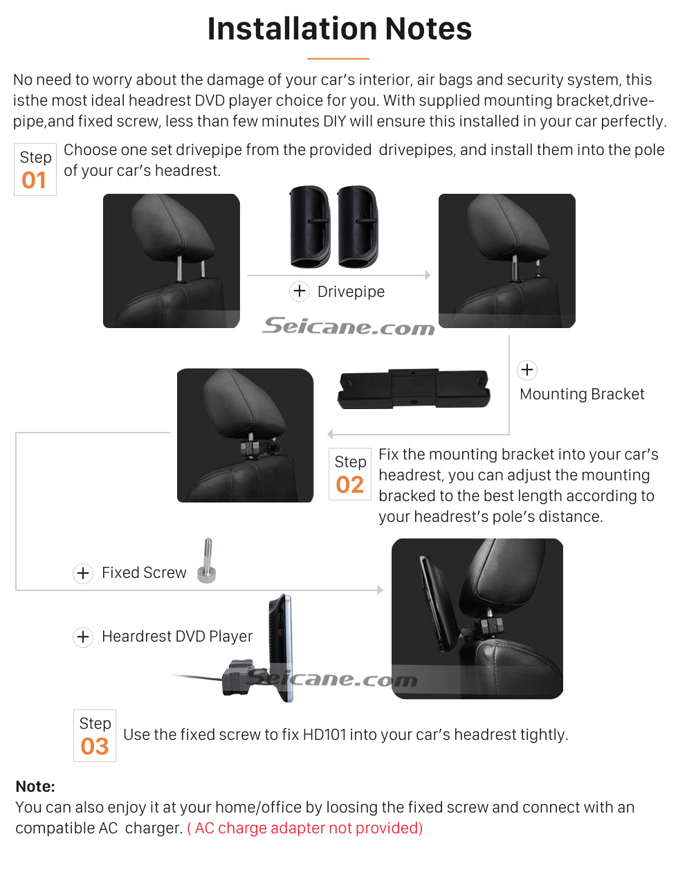 Installation Notes Ultra-thin HD 1024 * 600 high definition 10.1" touch screen headrest MP5 Player Free Tilt FM Transmitter IR Transmitter 32 Bit Games USB SD Audio/Video Input & Output (1 pair) Installation Notes Ultra-thin HD 1024 * 600 high definition 10.1" touch screen headrest MP5 Player Free Tilt FM Transmitter IR Transmitter 32 Bit Games USB SD Audio/Video Input & Output (1 pair)