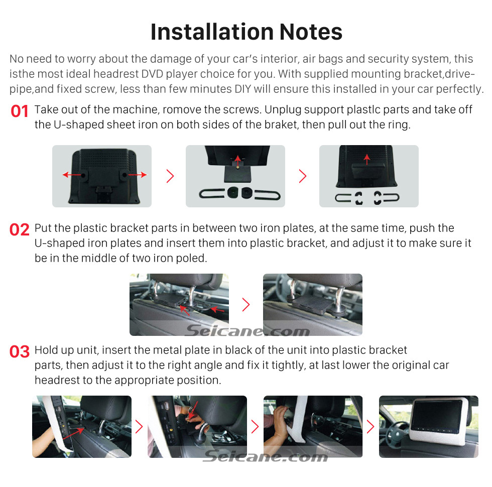 Installation Notes 2×10.1 inch Intelligent Android 5.1.1 Quad-code Free Tilt headrest MP5 DVD Player with digital HD 1024 * 600 TFT LED Touch Screen Bluetooth WIFI FM Transmitter IR Transmitter USB SD Installation Notes 2×10.1 inch Intelligent Android 5.1.1 Quad-code Free Tilt headrest MP5 DVD Player with digital HD 1024 * 600 TFT LED Touch Screen Bluetooth WIFI FM Transmitter IR Transmitter USB SD