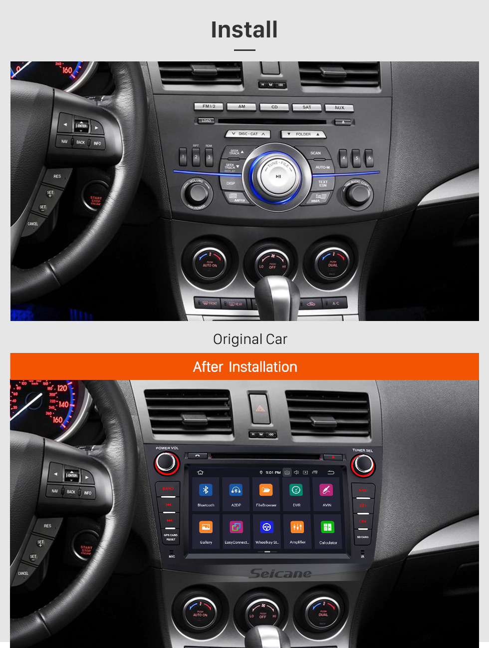 Seicane 8 polegadas HD Touchscreen Android 9.0 para 2010 2011 2012 Mazda 3 Rádio com Navegação GPS Bluetooth WIFI Suporte USB 1080 P Vídeo DVR OBD2 Câmera retrovisora Seicane 8 polegadas HD Touchscreen Android 9.0 para 2010 2011 2012 Mazda 3 Rádio com Navegação GPS Bluetooth WIFI Suporte USB 1080 P Vídeo DVR OBD2 Câmera retrovisora