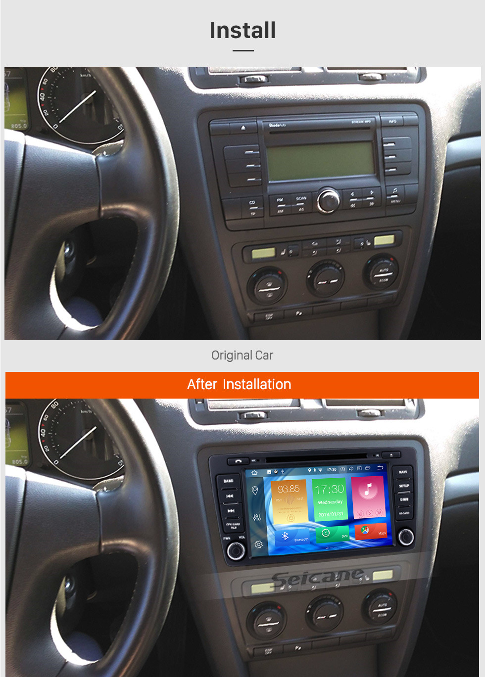 Seicane 2012 2013 2014 Skoda Octiva Android 8.0 Radio GPS Navi Stereo Upgrade Support Bluetooth Music DVD Player USB SD WIFI 1080P Video DVR Auto A/V Steering wheel control Seicane 2012 2013 2014 Skoda Octiva Android 8.0 Radio GPS Navi Stereo Upgrade Support Bluetooth Music DVD Player USB SD WIFI 1080P Video DVR Auto A/V Steering wheel control