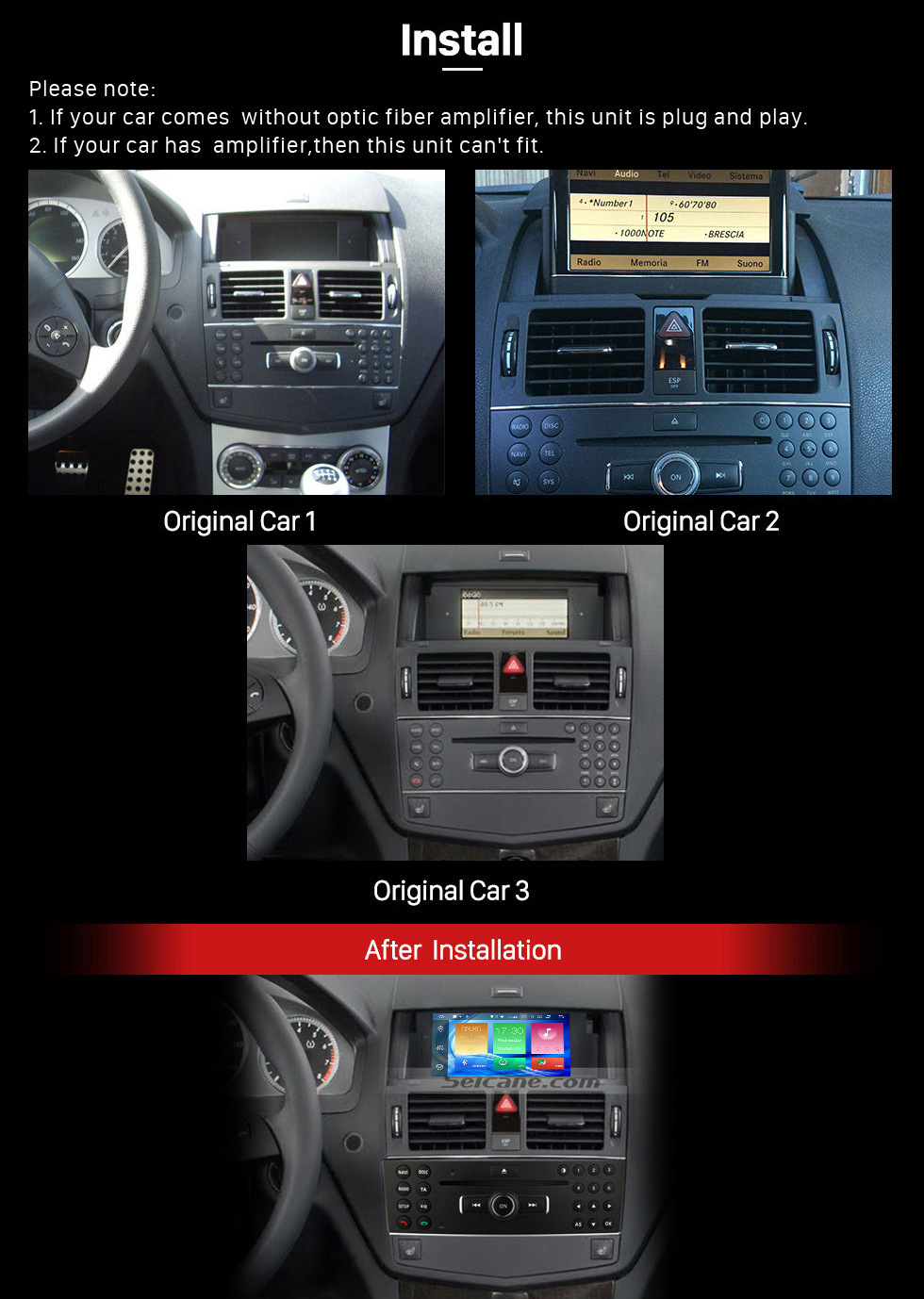 Seicane Sistema de Navegación Android 8.0 DVD GPS 2007-2011 Mercedes-Benz Clase C W204 C180 C200 C230 C30 con dirección reserva de la cámara de control de rueda Espejo Enlace Bluetooth Wifi OBD2 DAB DVR