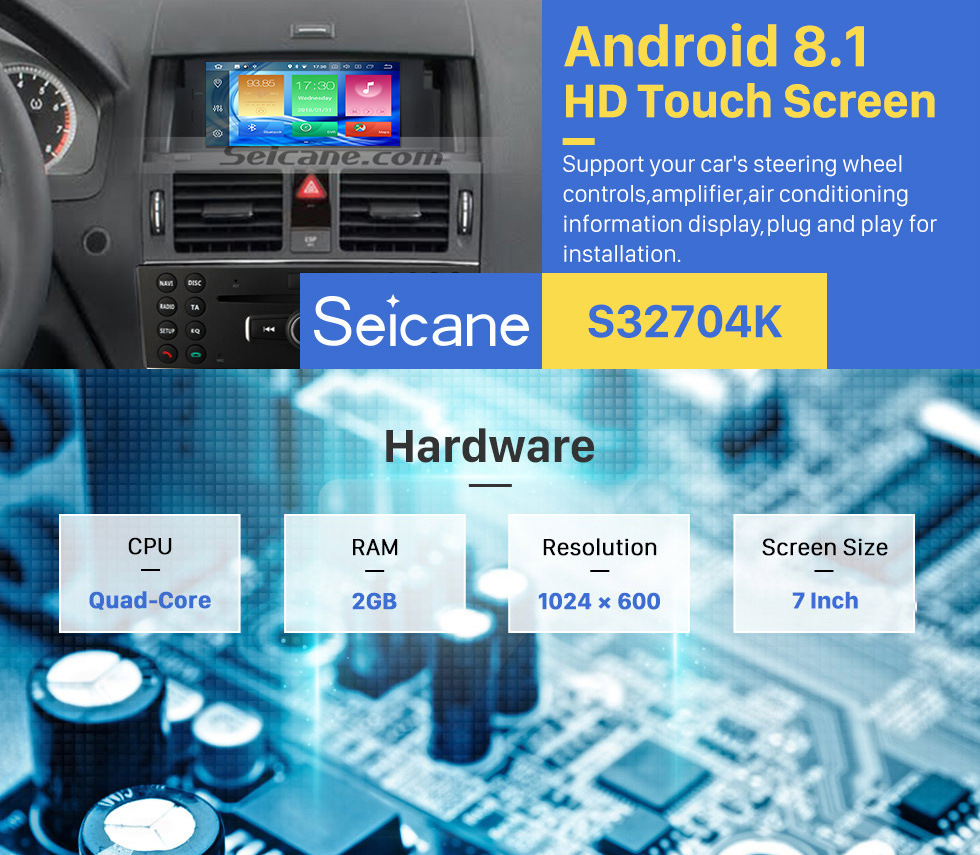 Seicane Android 8.1 DVD Spieler GPS Navigationssystem 2007-2011 Mercedes-Benz C-Klasse W204 C180 C200 C230 C30 mit Lenkrad-Steuerung Spiegel-Verbindung Bluetooth Wifi Backup kamera OBD2 DAB DVR