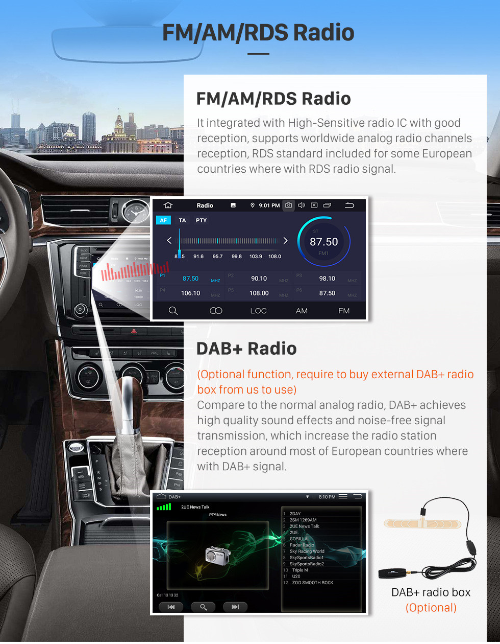 Seicane Mercado de accesorios 7 pulgadas Android 9.0 2007-2016 Fiat Ducato / Peugeot Boxer Radio Reproductor de DVD Sistema de navegación GPS con Bluetooth 3G Wifi Enlace de espejo Control del volante Cámara de respaldo DVR OBD2 DAB +