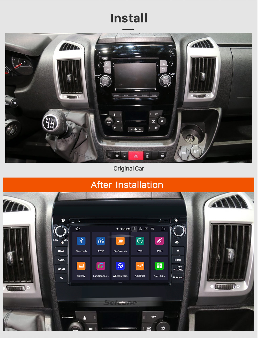 Seicane Mercado de accesorios 7 pulgadas Android 9.0 2007-2016 Fiat Ducato / Peugeot Boxer Radio Reproductor de DVD Sistema de navegación GPS con Bluetooth 3G Wifi Enlace de espejo Control del volante Cámara de respaldo DVR OBD2 DAB +