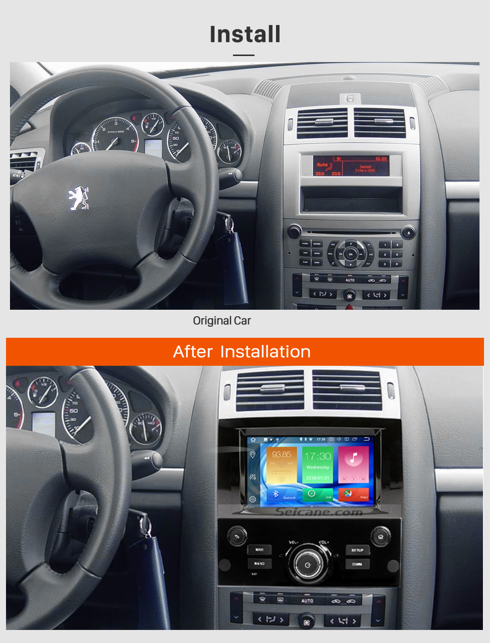 Seicane OEM Android Radio GPS Navigation system for 2004-2010 Peugeot 407 with Wifi Backup Camera Bluetooth Carplay Steering Wheel Control OBD2 DAB+ DVR