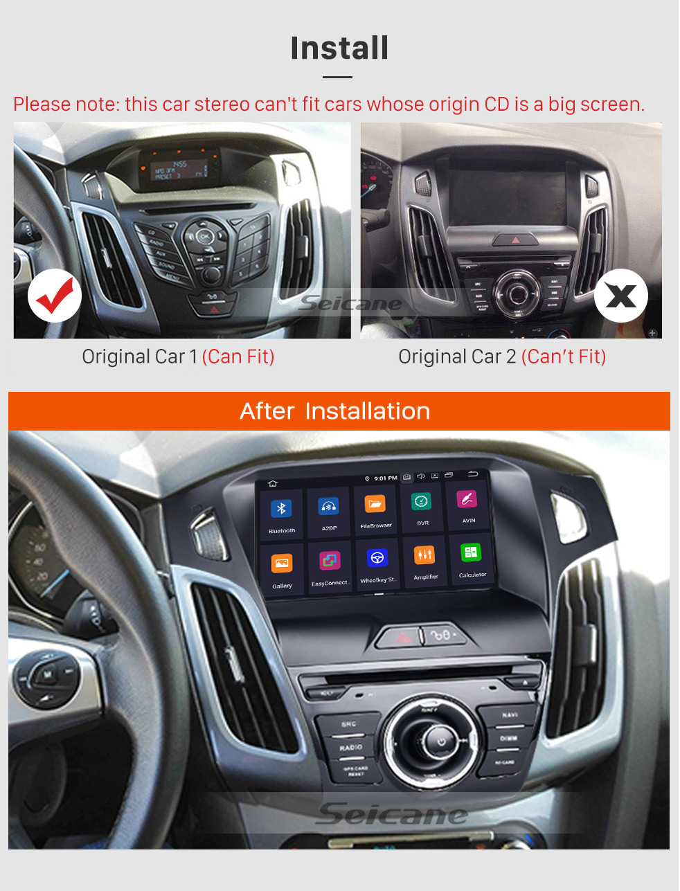 Seicane 2011 2012 2013 Ford focus 1024*600 Touchscreen Android 9.0 Radio DVD GPS Navigation System with Mirror link Bluetooth OBD2 DVR Rearview Camera 1080P 3G WIFI Steering Wheel Control Rearview Camera Seicane 2011 2012 2013 Ford focus 1024*600 Touchscreen Android 9.0 Radio DVD GPS Navigation System with Mirror link Bluetooth OBD2 DVR Rearview Camera 1080P 3G WIFI Steering Wheel Control Rearview Camera
