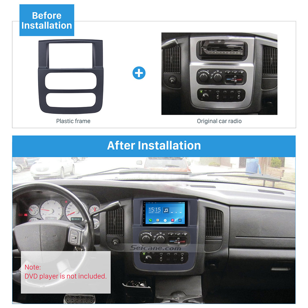 Seicane Black 2Din Car Radio Fascia for 2002 2003-2005 Dodge Ram 1500 2500 3500 Stereo Dash CD Surround Panel Audio Fitting Frame Adaptor