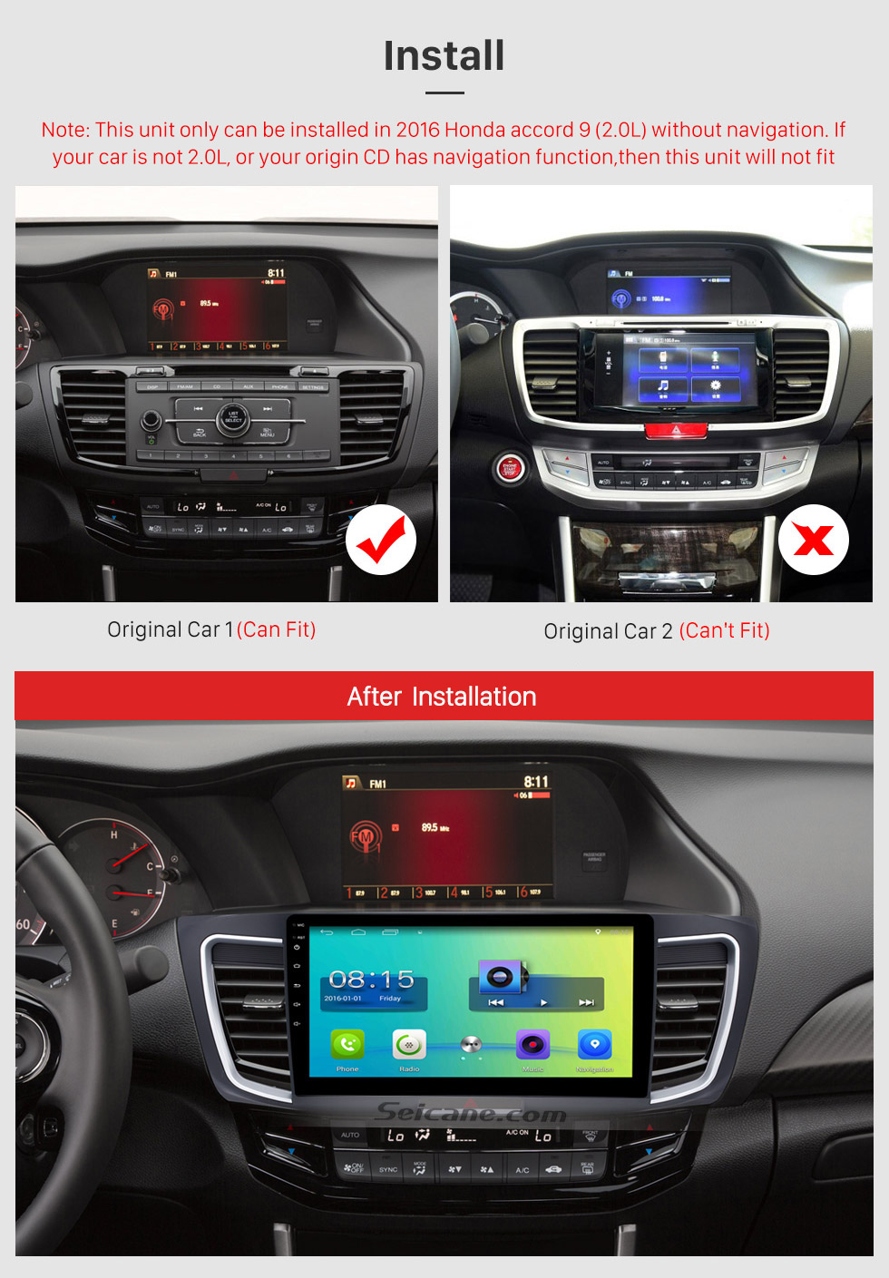 Seicane 10.1 inch HD Touch Screen Android 6.0 Car Stereo for 2016 Honda accord 9 (2.0L) GPS Navigation with Radio Bluetooth Music USB DVR 3G WIFI Mirror link Steering Wheel Control 1080P Video Canbus Seicane 10.1 inch HD Touch Screen Android 6.0 Car Stereo for 2016 Honda accord 9 (2.0L) GPS Navigation with Radio Bluetooth Music USB DVR 3G WIFI Mirror link Steering Wheel Control 1080P Video Canbus