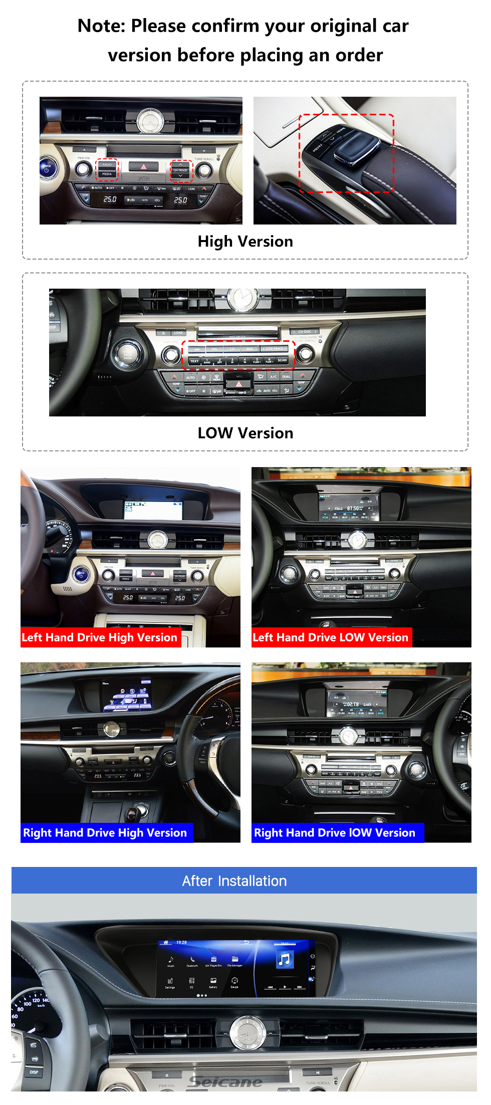 Seicane Tela sensível ao toque HD de 12,3 polegadas para 2012 2013 2014 2015 2016 2017 LEXUS ES Android 13.0 Rádio de navegação GPS com suporte para Bluetooth Carplay TPMS DAB + OBD2