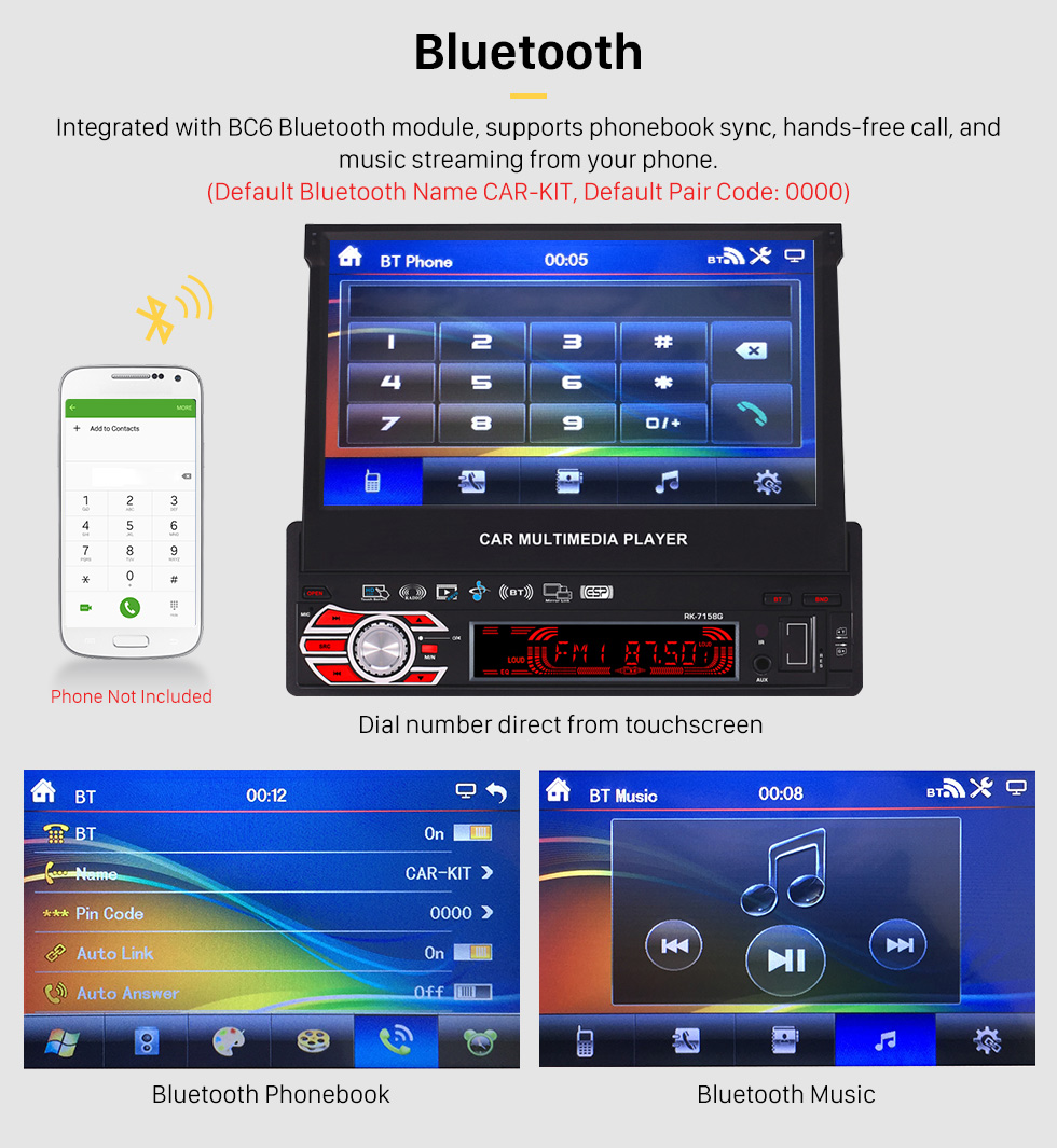 Bluetooth 7 inch Auto Retractable Touchscreen 1 Din Universal Radio GPS Navigation system Support DVD Player MP5 USB SD Bluetooth