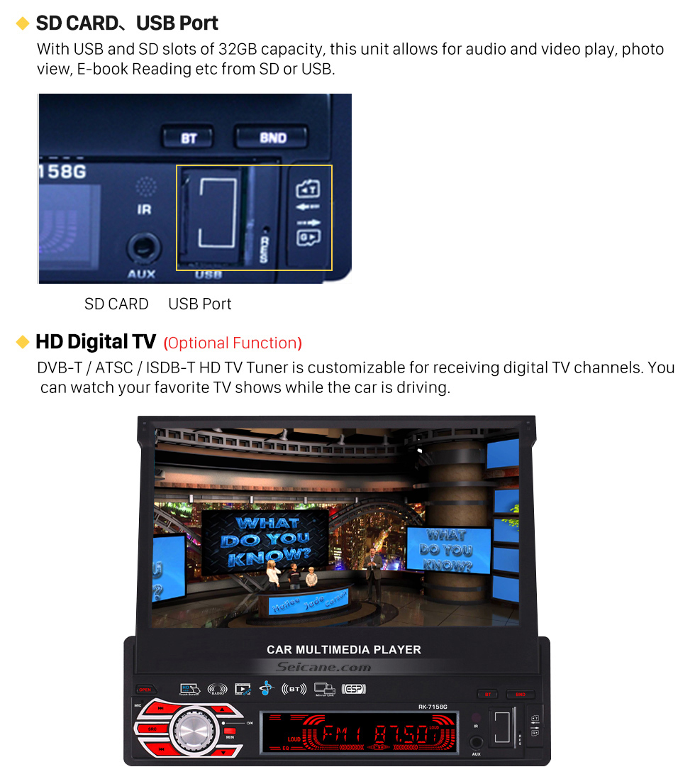 HD Digital TV 7 inch Auto Retractable Touchscreen 1 Din Universal Radio GPS Navigation system Support DVD Player MP5 USB SD Bluetooth