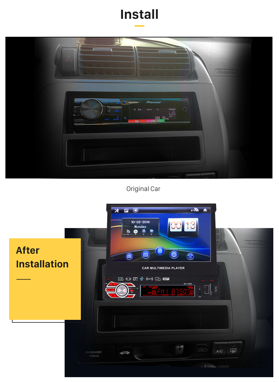 Install 7 inch Auto Retractable Touchscreen 1 Din Universal Radio GPS Navigation system Support DVD Player MP5 USB SD Bluetooth